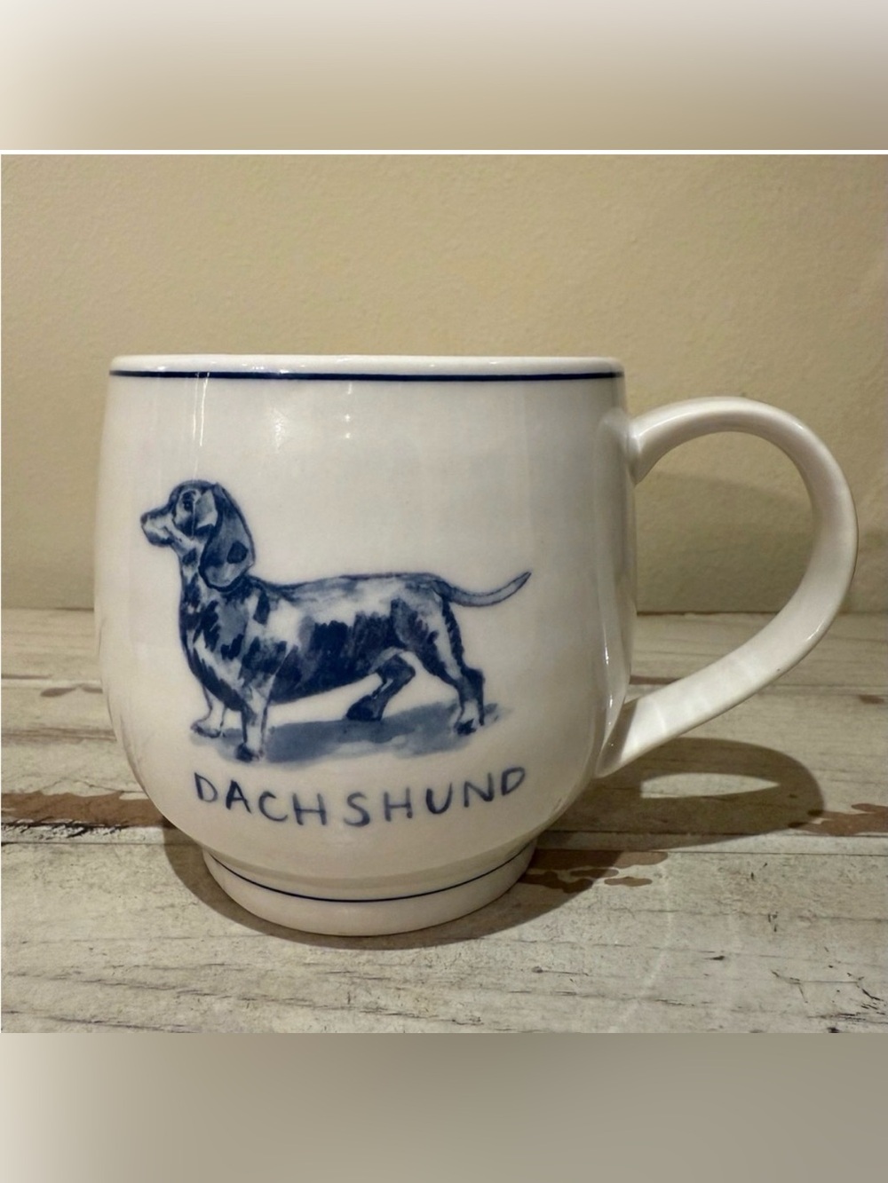 Anthropologie Molly Hatch Dachshund Dog Mug Blue White Ceramic Coffee Cup